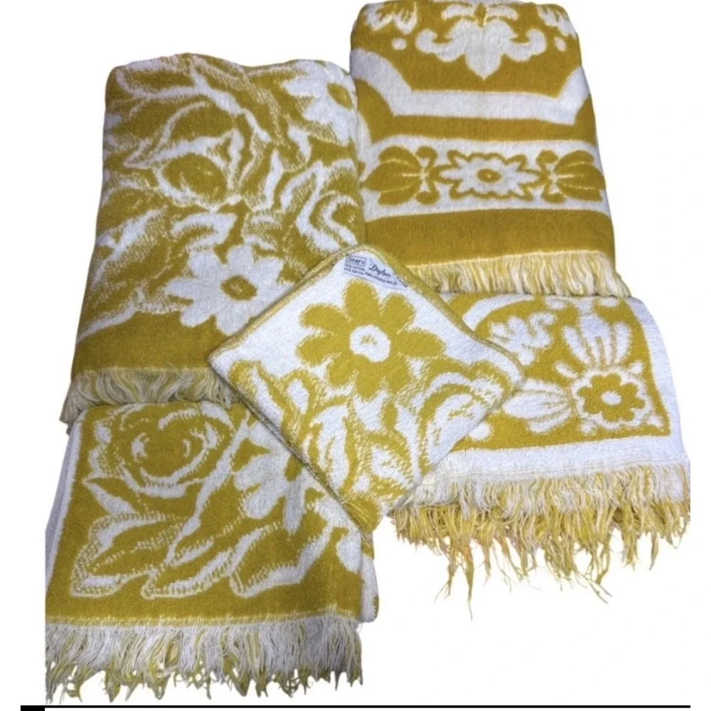 Sears Drylon Vintage Towel Set 5 pc Yellow White Floral Fringe Cotton Rayon USA